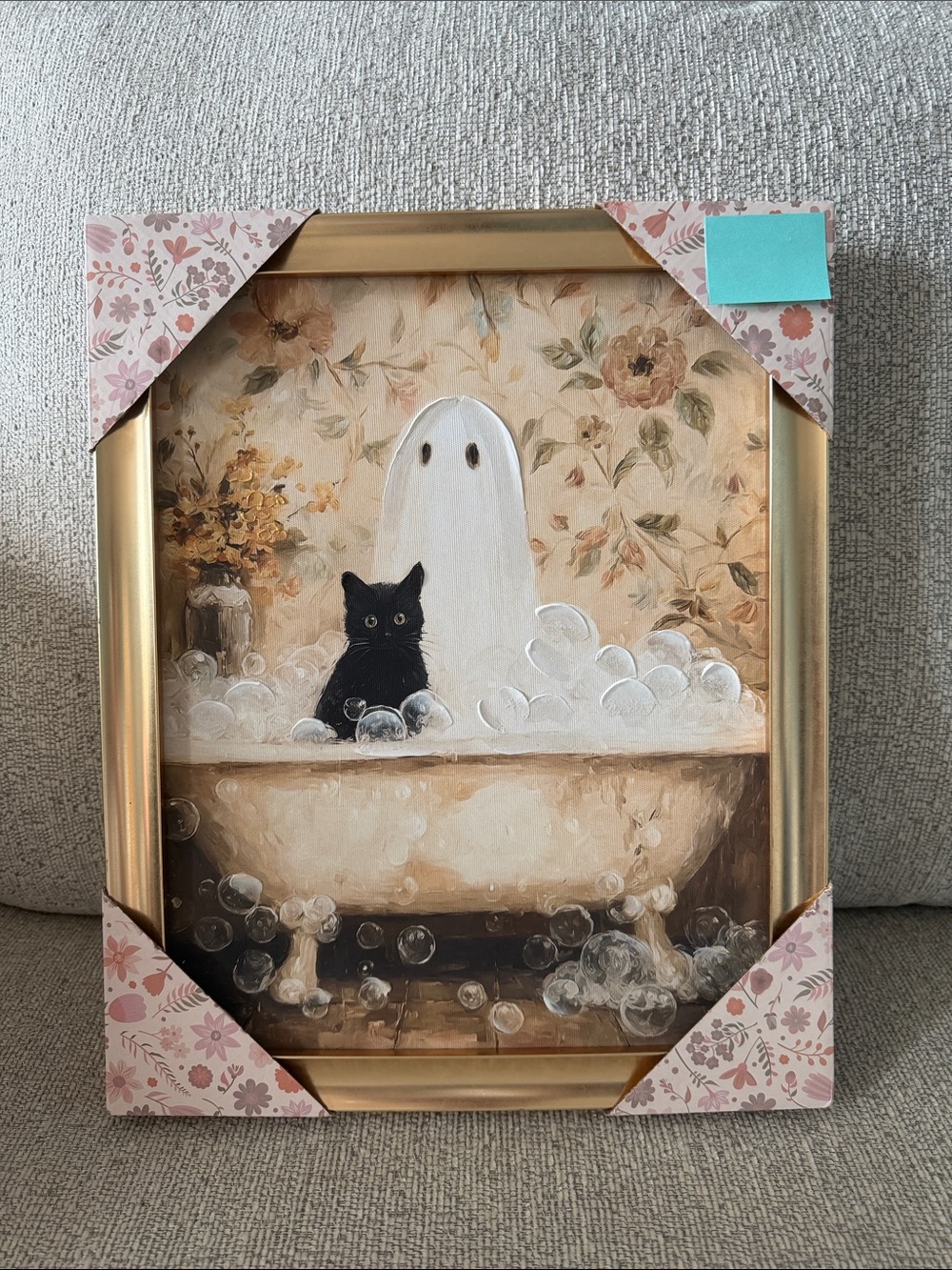 Haunting Ghost in Bathtub With Black Cat Gold Tone Framed Wall Art Decor